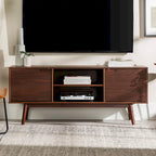 Meuble TV 58" style milieu de siècle pour téléviseurs jusqu'à 65", bois de pin massif, portes à fermeture amortie et gestion des câbles