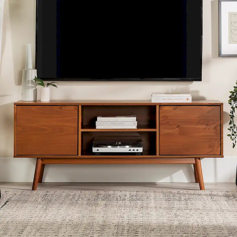 Meuble TV 58" style milieu de siècle pour téléviseurs jusqu'à 65", bois de pin massif, portes à fermeture amortie et gestion des câbles