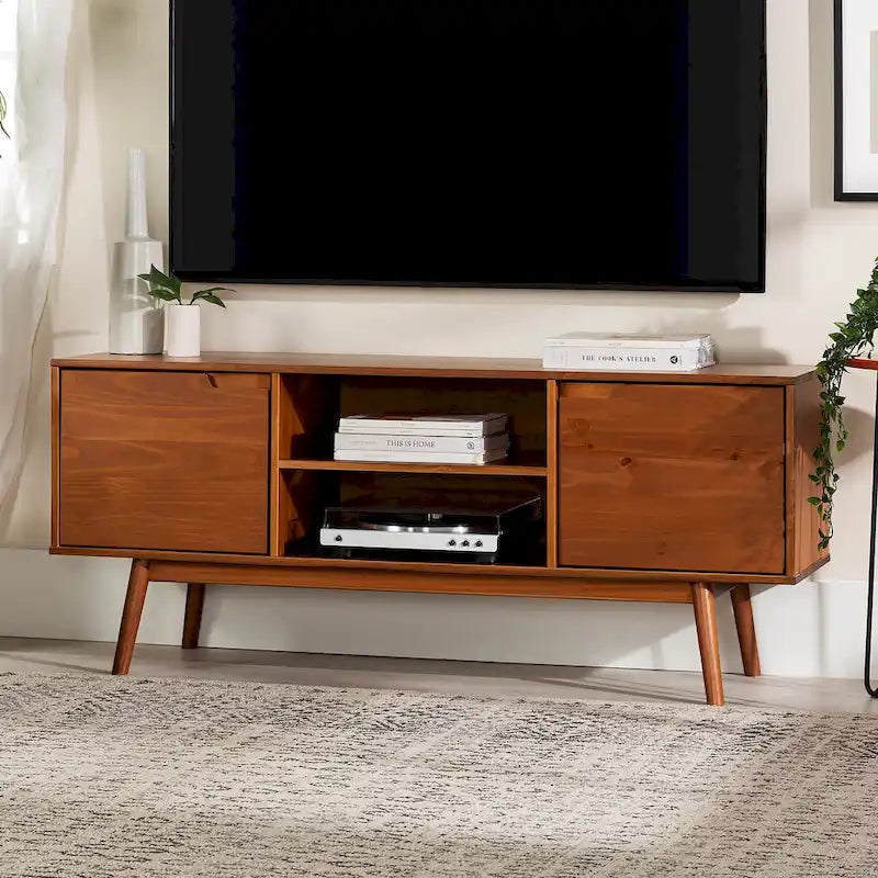Meuble TV 58" style milieu de siècle pour téléviseurs jusqu'à 65", bois de pin massif, portes à fermeture amortie et gestion des câbles