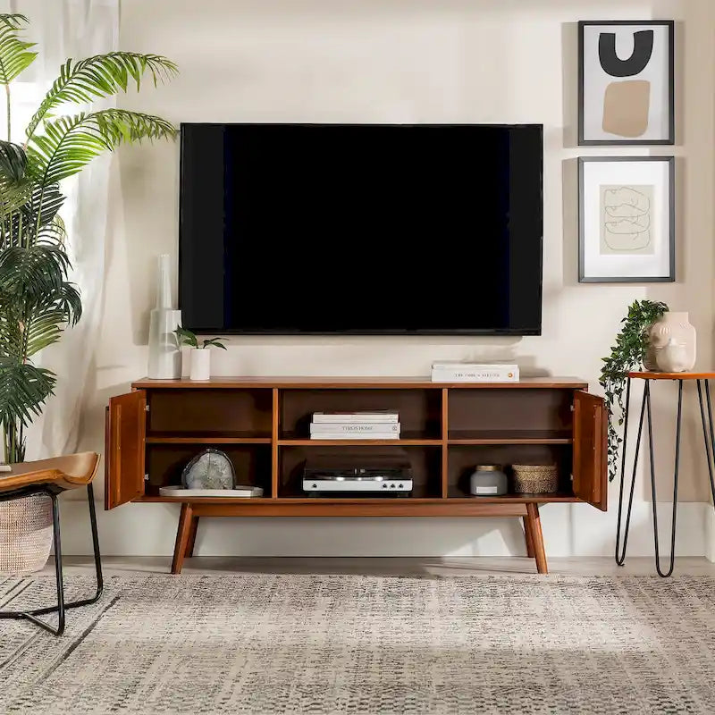 Meuble TV 58" style milieu de siècle pour téléviseurs jusqu'à 65", bois de pin massif, portes à fermeture amortie et gestion des câbles