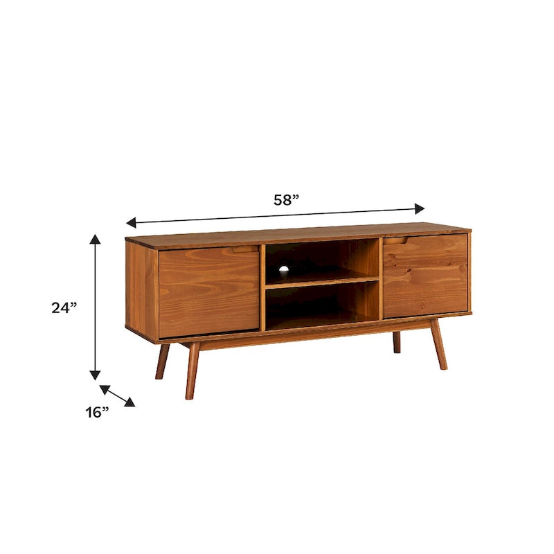 Meuble TV 58" style milieu de siècle pour téléviseurs jusqu'à 65", bois de pin massif, portes à fermeture amortie et gestion des câbles