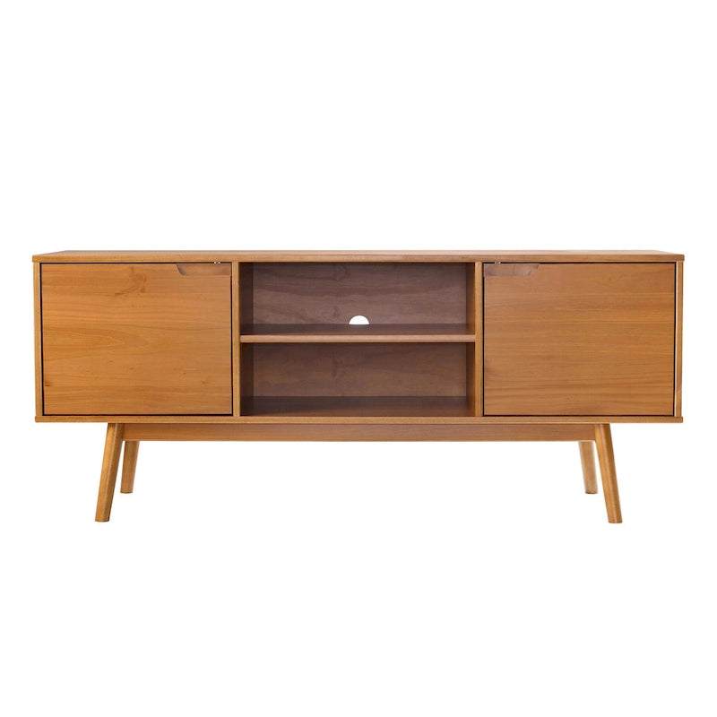Meuble TV 58" style milieu de siècle pour téléviseurs jusqu'à 65", bois de pin massif, portes à fermeture amortie et gestion des câbles