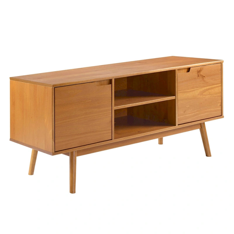 Meuble TV 58" style milieu de siècle pour téléviseurs jusqu'à 65", bois de pin massif, portes à fermeture amortie et gestion des câbles