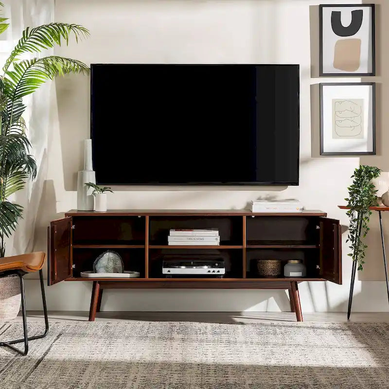 Meuble TV 58" style milieu de siècle pour téléviseurs jusqu'à 65", bois de pin massif, portes à fermeture amortie et gestion des câbles
