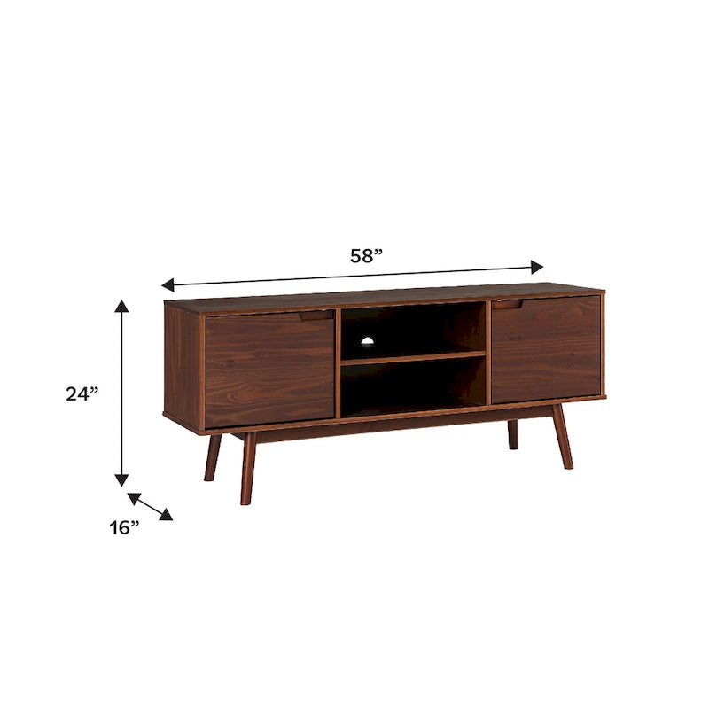 Meuble TV 58" style milieu de siècle pour téléviseurs jusqu'à 65", bois de pin massif, portes à fermeture amortie et gestion des câbles