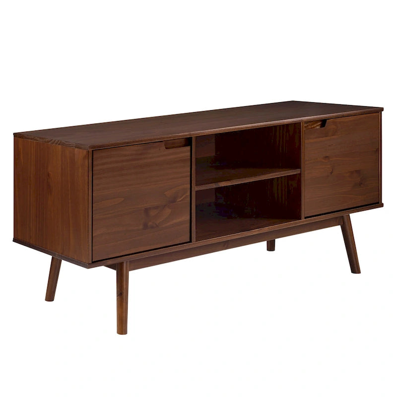 Meuble TV 58" style milieu de siècle pour téléviseurs jusqu'à 65", bois de pin massif, portes à fermeture amortie et gestion des câbles