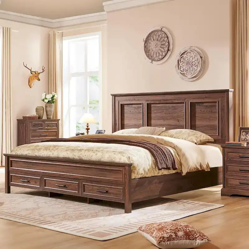 Lit Queen en bois style ferme avec tête et pied de lit de 52 po de hauteur