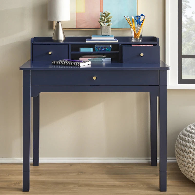 Bureau compact de 91 cm avec surmeuble, 3 tiroirs et étagère ouverte, MDF et pieds en bois d'hévéa, capacité de 81 kg