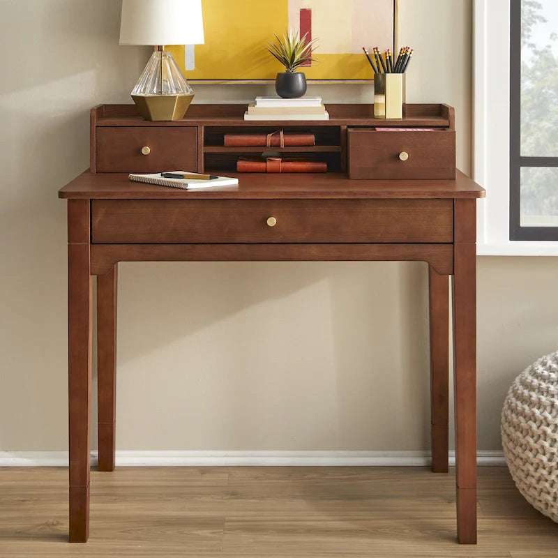 Bureau compact de 91 cm avec surmeuble, 3 tiroirs et étagère ouverte, MDF et pieds en bois d'hévéa, capacité de 81 kg