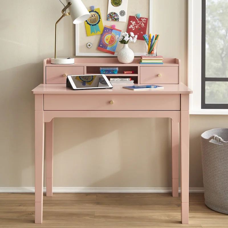 Bureau compact de 91 cm avec surmeuble, 3 tiroirs et étagère ouverte, MDF et pieds en bois d'hévéa, capacité de 81 kg