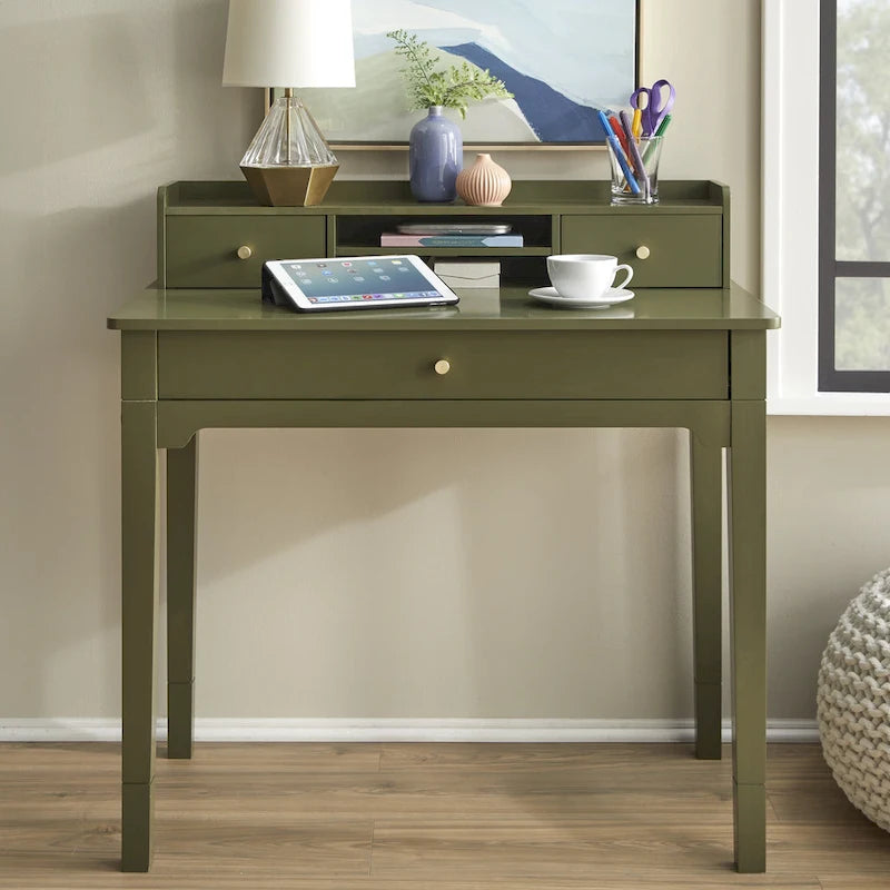 Bureau compact de 91 cm avec surmeuble, 3 tiroirs et étagère ouverte, MDF et pieds en bois d'hévéa, capacité de 81 kg