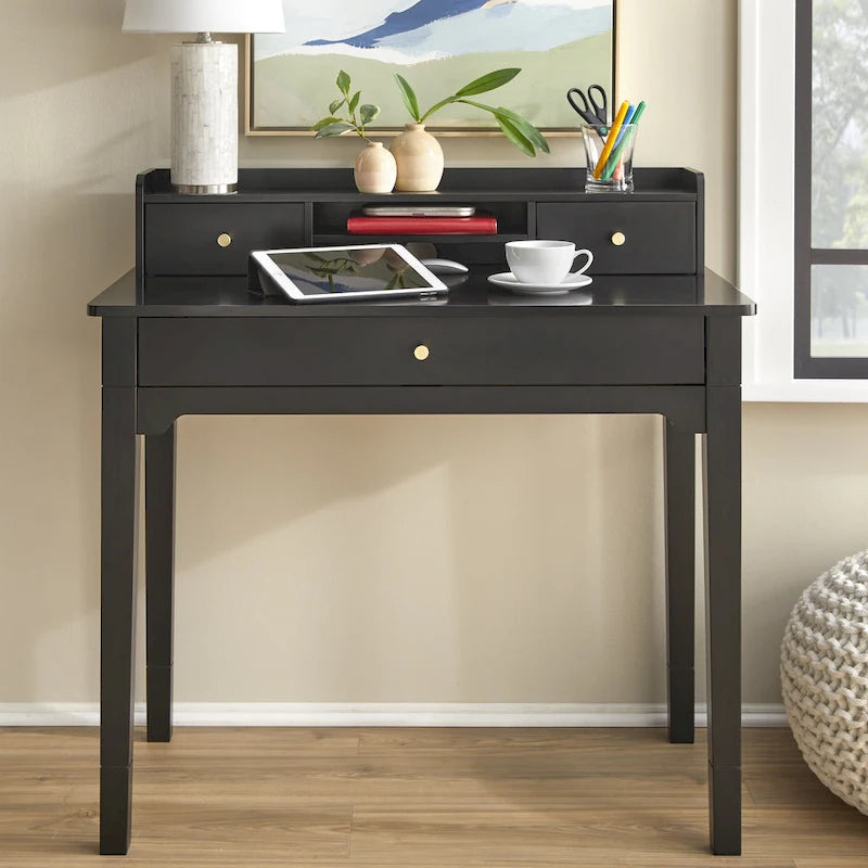 Bureau compact de 91 cm avec surmeuble, 3 tiroirs et étagère ouverte, MDF et pieds en bois d'hévéa, capacité de 81 kg