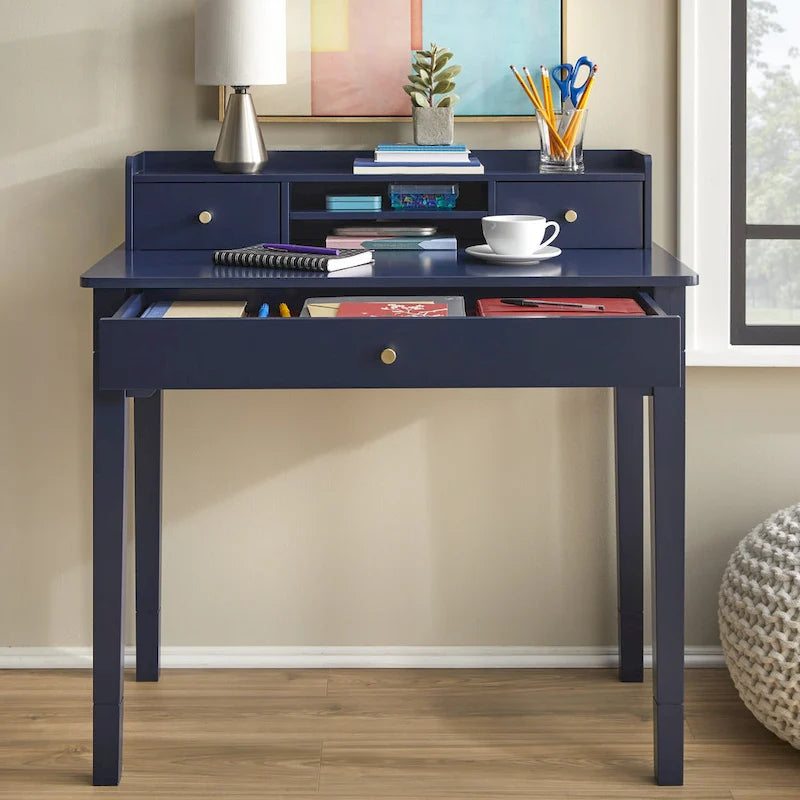 Bureau compact de 91 cm avec surmeuble, 3 tiroirs et étagère ouverte, MDF et pieds en bois d'hévéa, capacité de 81 kg