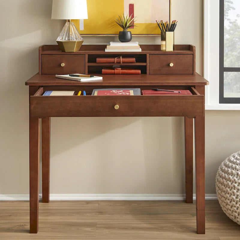 Bureau compact de 91 cm avec surmeuble, 3 tiroirs et étagère ouverte, MDF et pieds en bois d'hévéa, capacité de 81 kg