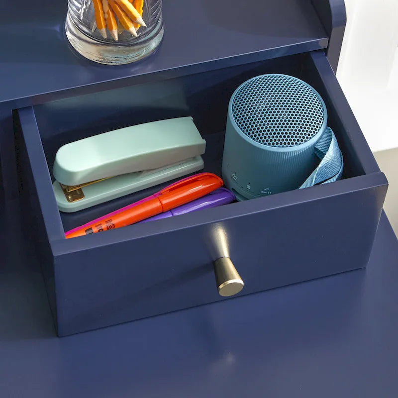 Bureau compact de 91 cm avec surmeuble, 3 tiroirs et étagère ouverte, MDF et pieds en bois d'hévéa, capacité de 81 kg