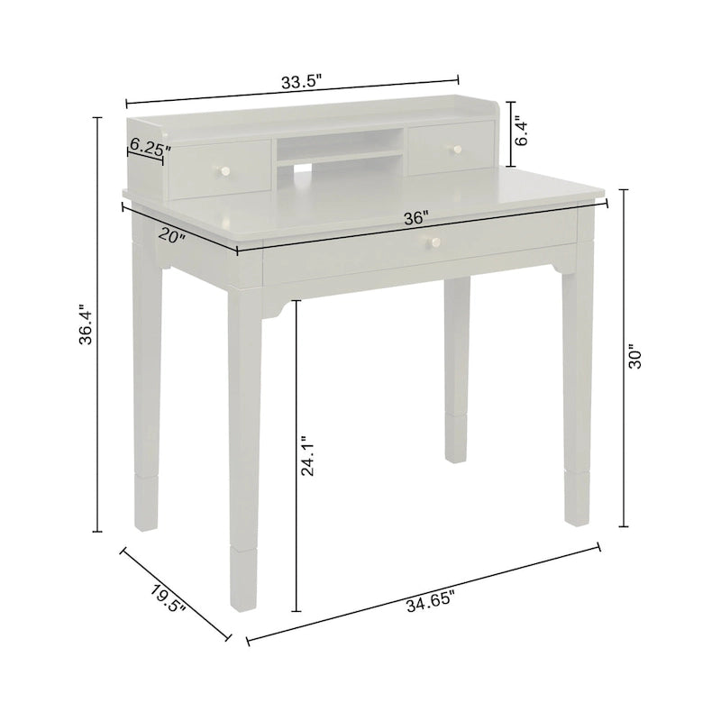 Bureau compact de 91 cm avec surmeuble, 3 tiroirs et étagère ouverte, MDF et pieds en bois d'hévéa, capacité de 81 kg