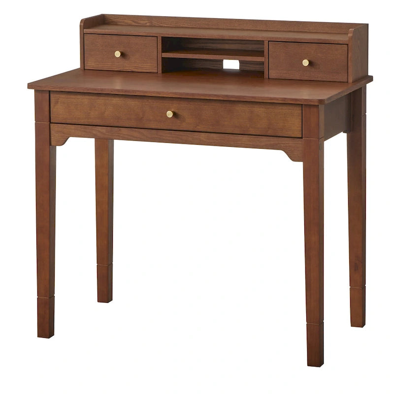Bureau compact de 91 cm avec surmeuble, 3 tiroirs et étagère ouverte, MDF et pieds en bois d'hévéa, capacité de 81 kg