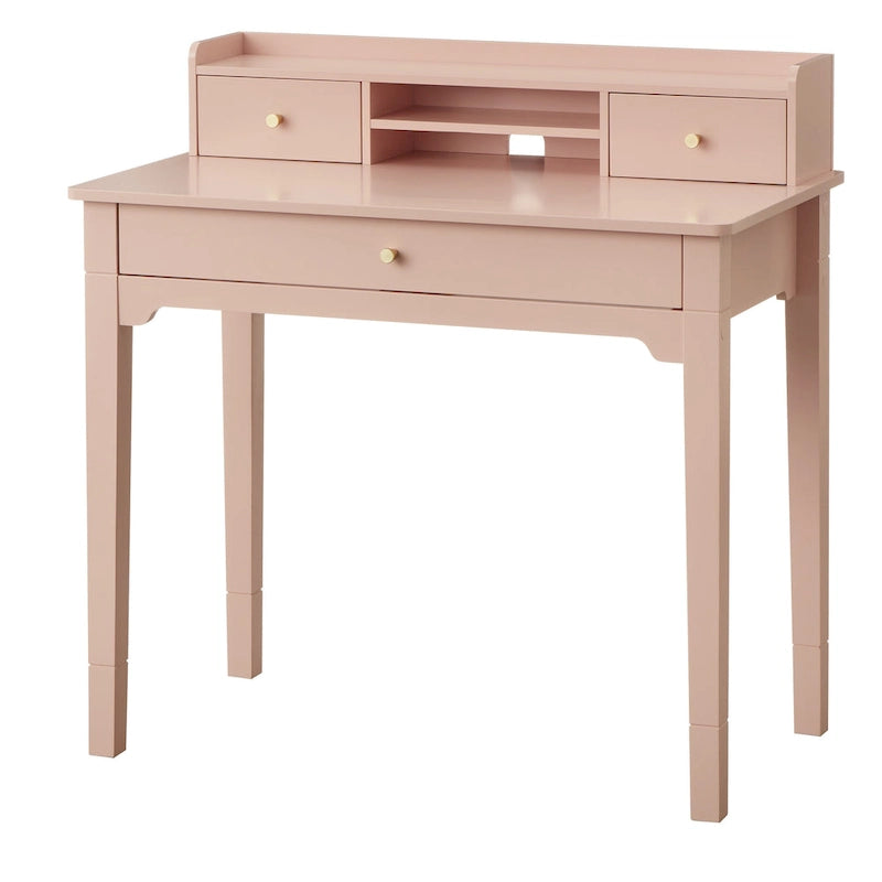 Bureau compact de 91 cm avec surmeuble, 3 tiroirs et étagère ouverte, MDF et pieds en bois d'hévéa, capacité de 81 kg
