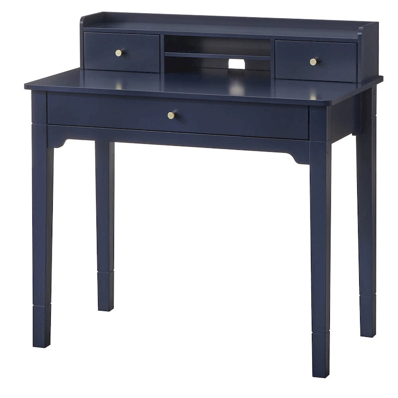 Bureau compact de 91 cm avec surmeuble, 3 tiroirs et étagère ouverte, MDF et pieds en bois d'hévéa, capacité de 81 kg