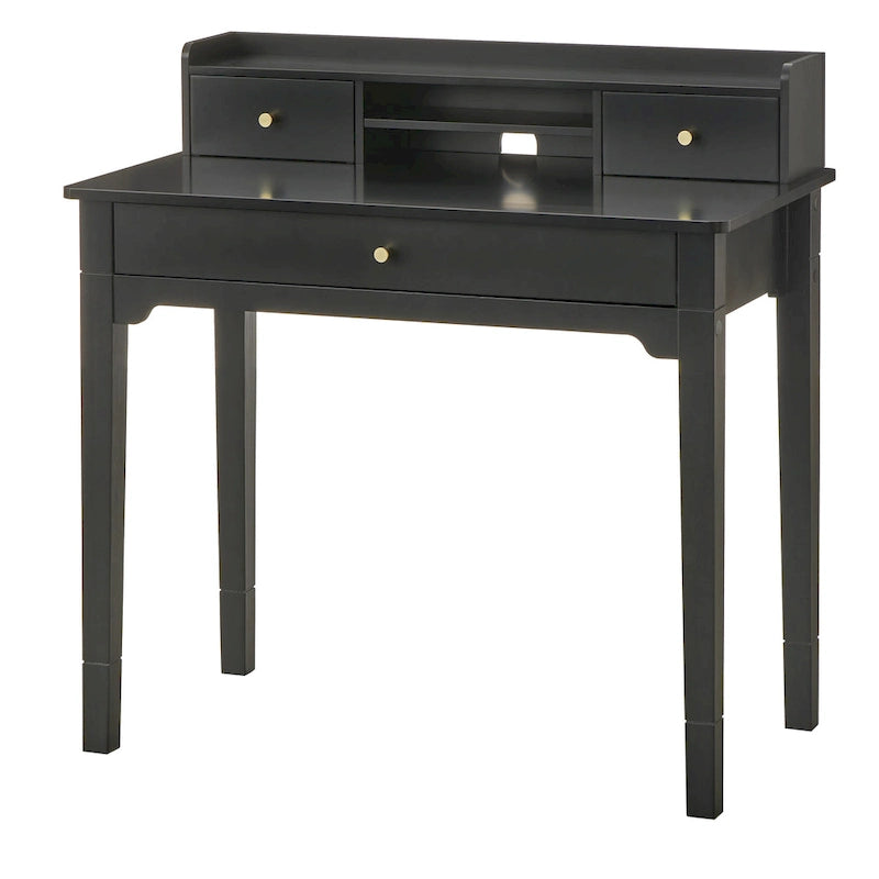 Bureau compact de 91 cm avec surmeuble, 3 tiroirs et étagère ouverte, MDF et pieds en bois d'hévéa, capacité de 81 kg