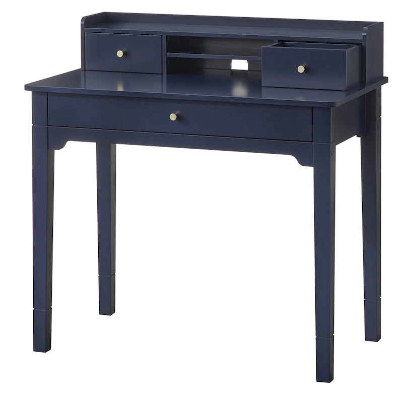 Bureau compact de 91 cm avec surmeuble, 3 tiroirs et étagère ouverte, MDF et pieds en bois d'hévéa, capacité de 81 kg
