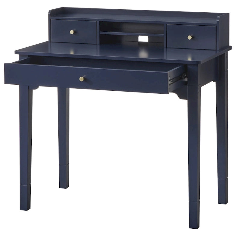 Bureau compact de 91 cm avec surmeuble, 3 tiroirs et étagère ouverte, MDF et pieds en bois d'hévéa, capacité de 81 kg