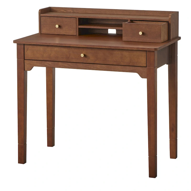 Bureau compact de 91 cm avec surmeuble, 3 tiroirs et étagère ouverte, MDF et pieds en bois d'hévéa, capacité de 81 kg