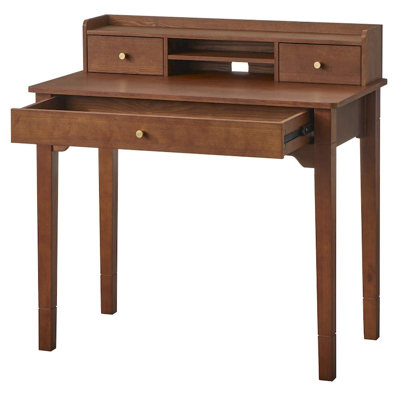 Bureau compact de 91 cm avec surmeuble, 3 tiroirs et étagère ouverte, MDF et pieds en bois d'hévéa, capacité de 81 kg