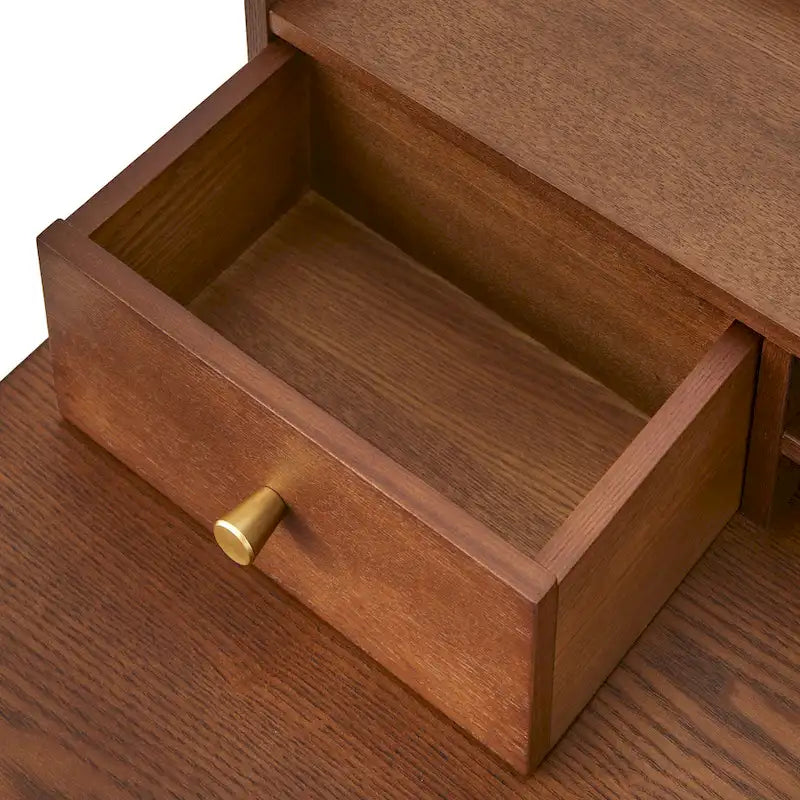 Bureau compact de 91 cm avec surmeuble, 3 tiroirs et étagère ouverte, MDF et pieds en bois d'hévéa, capacité de 81 kg