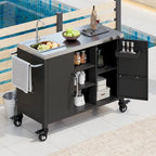 55.5 Outdoor Metal Kitchen Island with 304 Stainless Steel Sink and 4 Lockable Wheels