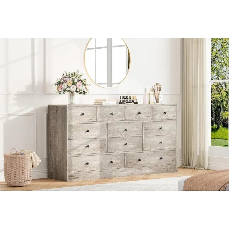 Commode 12 tiroirs de 155 cm de large avec prise intégrée, 2 prises CA et 2 ports USB, en bois MDF, avec dispositif anti-basculement