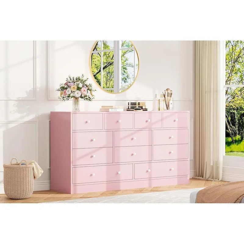 Commode 12 tiroirs de 155 cm de large avec prise intégrée, 2 prises CA et 2 ports USB, en bois MDF, avec dispositif anti-basculement