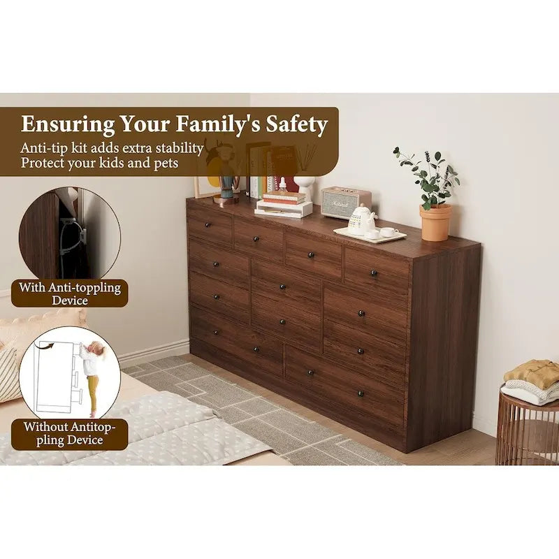 Commode 12 tiroirs de 155 cm de large avec prise intégrée, 2 prises CA et 2 ports USB, en bois MDF, avec dispositif anti-basculement