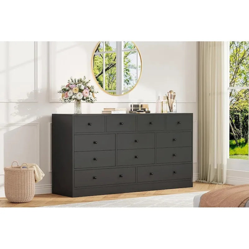 Commode 12 tiroirs de 155 cm de large avec prise intégrée, 2 prises CA et 2 ports USB, en bois MDF, avec dispositif anti-basculement