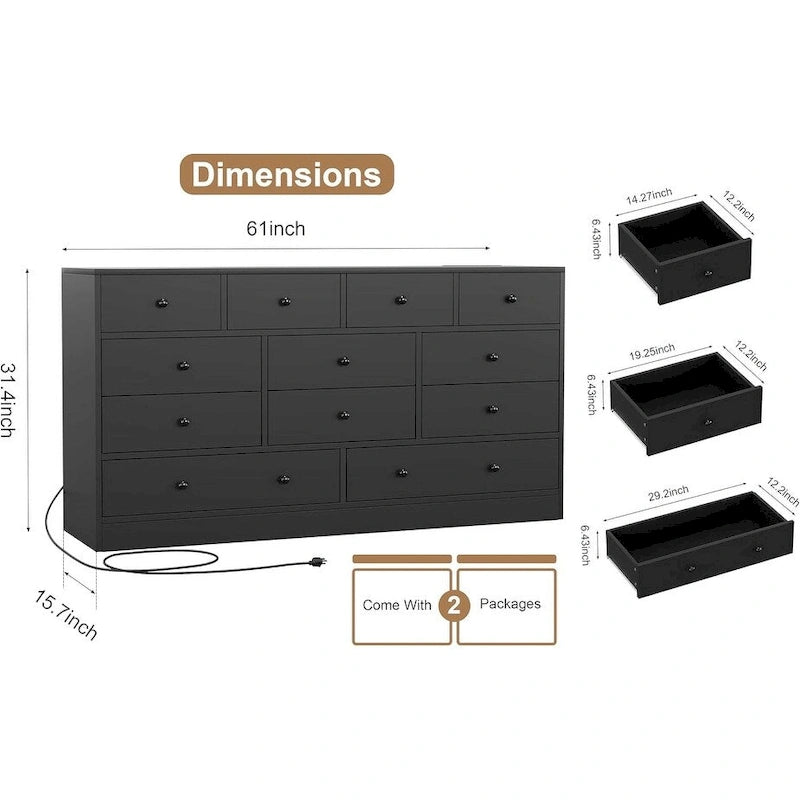 Commode 12 tiroirs de 155 cm de large avec prise intégrée, 2 prises CA et 2 ports USB, en bois MDF, avec dispositif anti-basculement