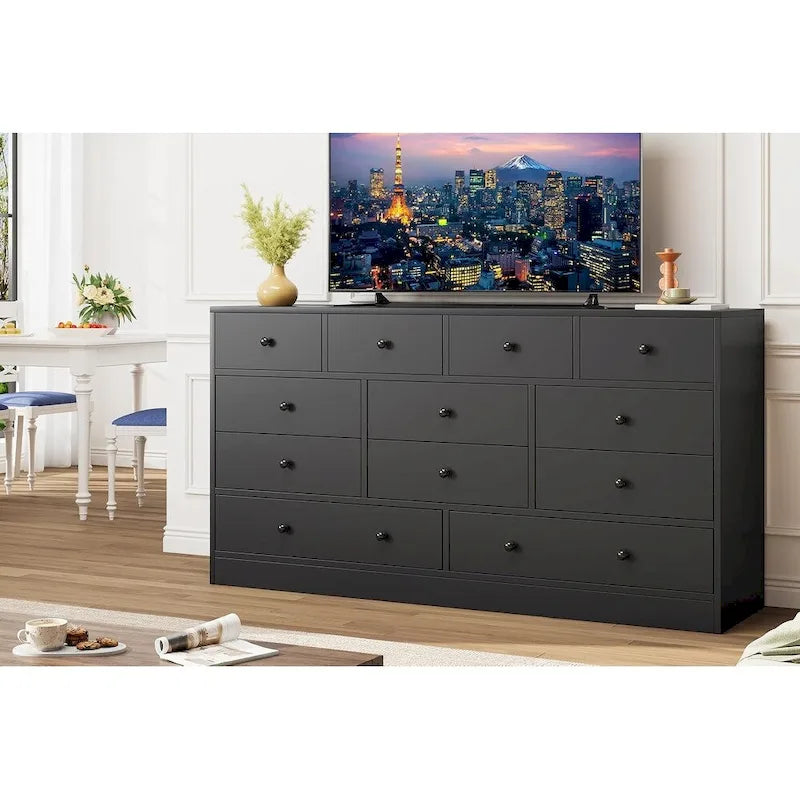 Commode 12 tiroirs de 155 cm de large avec prise intégrée, 2 prises CA et 2 ports USB, en bois MDF, avec dispositif anti-basculement