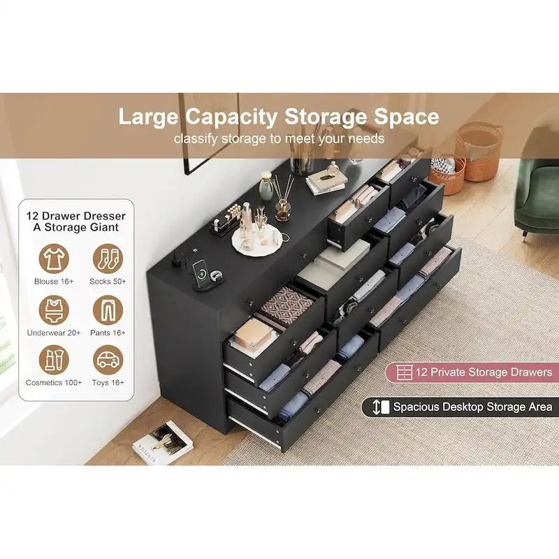Commode 12 tiroirs de 155 cm de large avec prise intégrée, 2 prises CA et 2 ports USB, en bois MDF, avec dispositif anti-basculement