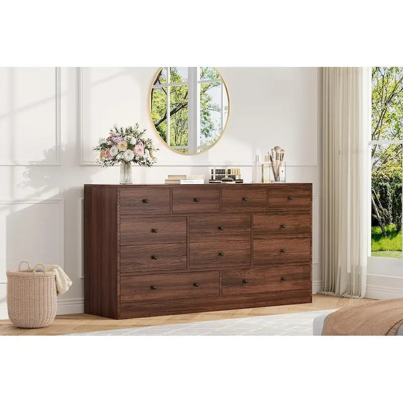 Commode 12 tiroirs de 155 cm de large avec prise intégrée, 2 prises CA et 2 ports USB, en bois MDF, avec dispositif anti-basculement