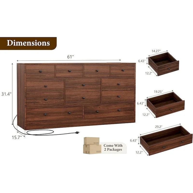 Commode 12 tiroirs de 155 cm de large avec prise intégrée, 2 prises CA et 2 ports USB, en bois MDF, avec dispositif anti-basculement