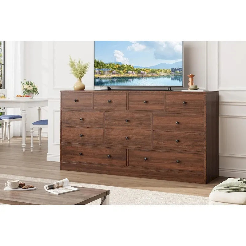 Commode 12 tiroirs de 155 cm de large avec prise intégrée, 2 prises CA et 2 ports USB, en bois MDF, avec dispositif anti-basculement