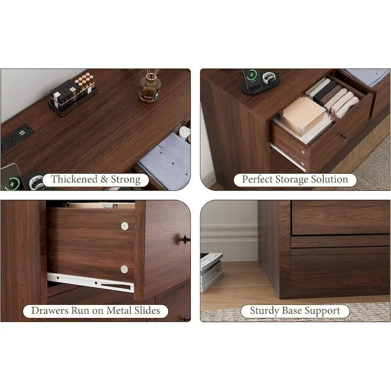 Commode 12 tiroirs de 155 cm de large avec prise intégrée, 2 prises CA et 2 ports USB, en bois MDF, avec dispositif anti-basculement