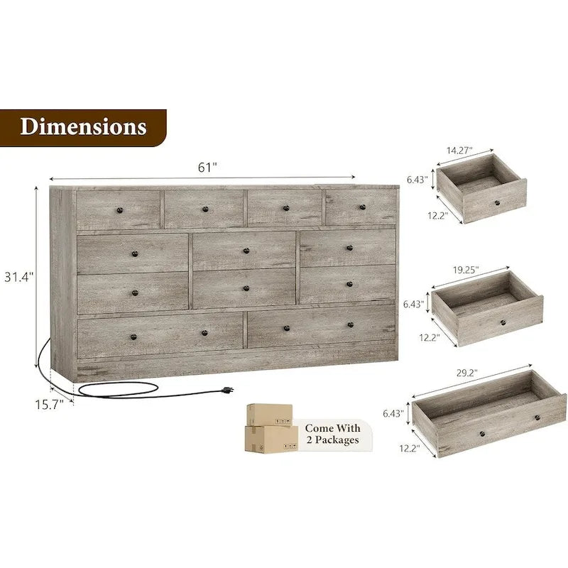 Commode 12 tiroirs de 155 cm de large avec prise intégrée, 2 prises CA et 2 ports USB, en bois MDF, avec dispositif anti-basculement