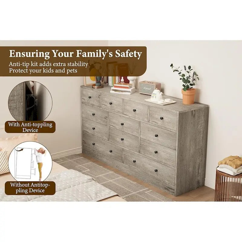 Commode 12 tiroirs de 155 cm de large avec prise intégrée, 2 prises CA et 2 ports USB, en bois MDF, avec dispositif anti-basculement