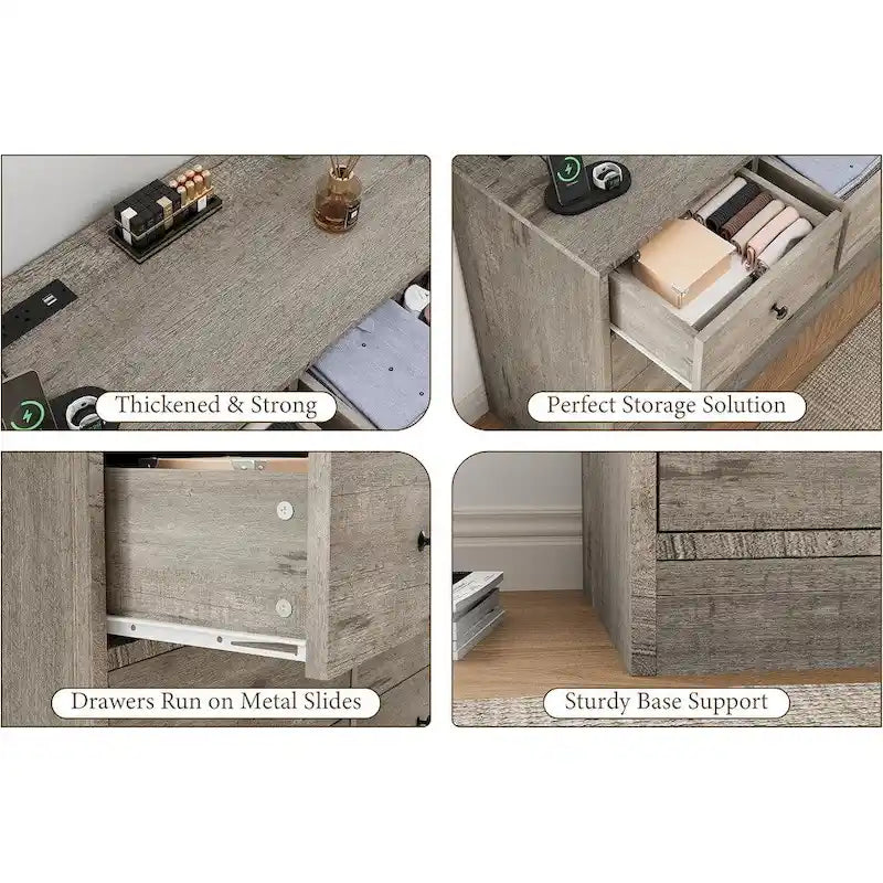 Commode 12 tiroirs de 155 cm de large avec prise intégrée, 2 prises CA et 2 ports USB, en bois MDF, avec dispositif anti-basculement
