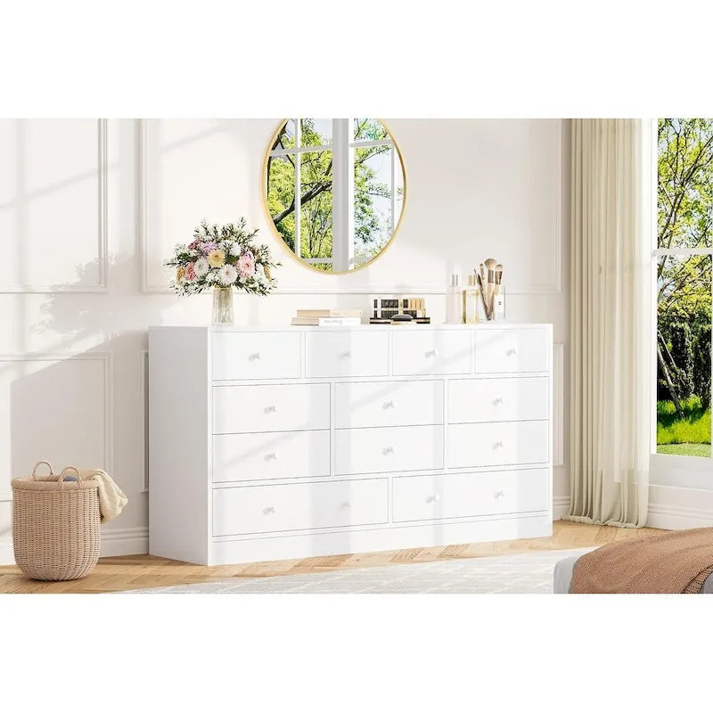 Commode 12 tiroirs de 155 cm de large avec prise intégrée, 2 prises CA et 2 ports USB, en bois MDF, avec dispositif anti-basculement