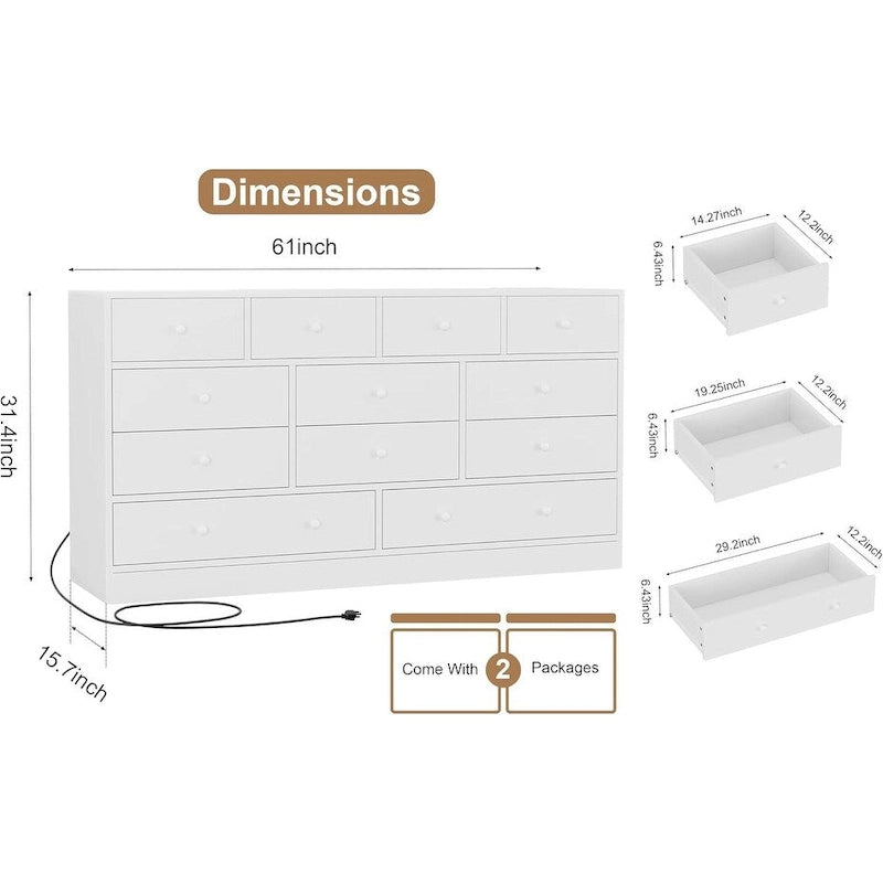 Commode 12 tiroirs de 155 cm de large avec prise intégrée, 2 prises CA et 2 ports USB, en bois MDF, avec dispositif anti-basculement