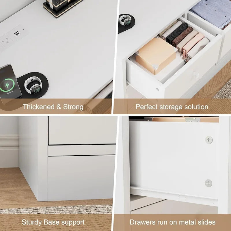 Commode 12 tiroirs de 155 cm de large avec prise intégrée, 2 prises CA et 2 ports USB, en bois MDF, avec dispositif anti-basculement