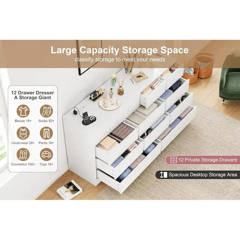 Commode 12 tiroirs de 155 cm de large avec prise intégrée, 2 prises CA et 2 ports USB, en bois MDF, avec dispositif anti-basculement