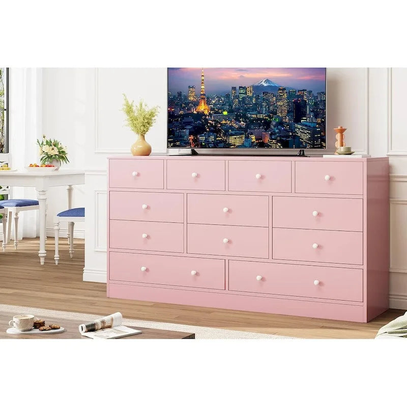 Commode 12 tiroirs de 155 cm de large avec prise intégrée, 2 prises CA et 2 ports USB, en bois MDF, avec dispositif anti-basculement