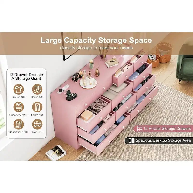 Commode 12 tiroirs de 155 cm de large avec prise intégrée, 2 prises CA et 2 ports USB, en bois MDF, avec dispositif anti-basculement